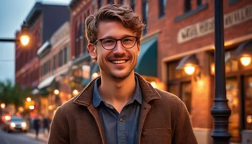 Modern architectural lighting designer, male, 30s, casual wear, glasses, short hair, smiling, Ann Arbor, Michigan, downtown area, evening time, warm golden lighting, urban cityscape, brick buildings, 