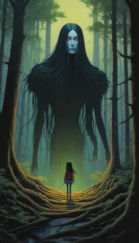 mystical portrait of a girl,haunted forest,the enchantress,sci fiction illustration,girl with tree,hollow way,rusalka,ghost girl,sleepwalker,mystery book cover,the witch,girl in a long,the forest,the mystical path,scared woman,digital illustration,the little girl,scary woman,forest man,in the forest,Conceptual Art,Sci-Fi,Sci-Fi 21