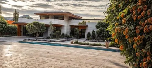 CASA ESTILO MINIMALISTA, CON ELEMENTOS DE CONCRETO Y CANTERA COLOR NARANJA
 , TEJA, VIGAS DE MADERA, PERSONAS, AUTOS,landscape designers sydney,landscape design sydney,landscaped,masseria,luxury prope