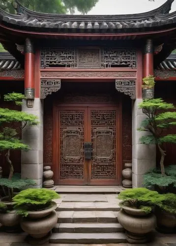 Ku style, ancient Chinese, architectural engineering, intricately carved wooden beams, majestic stone pillars, curved roof tiles, vibrant colored glaze, ornate bronze door hardware, majestic entrance 