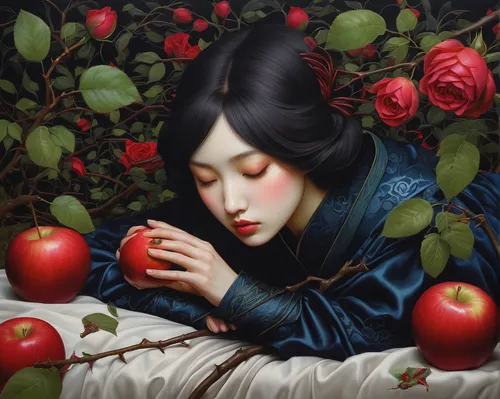 rose sleeping apple,girl picking apples,woman eating apple,sleeping apple,red apples,red apple,the sleeping rose,apple-rose,apple blossom,rose apple,roses-fruit,apple harvest,apple blossoms,apple,mari makinami,japanese art,apple world,apple tree,red plum,pomegranate,Illustration,Realistic Fantasy,Realistic Fantasy 08