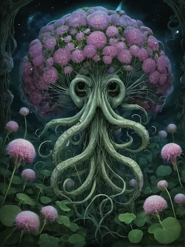 Compose a short poem about the delicate beauty of trifolium in a peaceful garden.,cnidaria,cuthulu,pink octopus,coral guardian,flourishing tree,symbiotic,forest anemone,tentacles,nuphar,polyp,octopus,