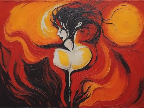 Passion Sexy Painting ,Naked Woman  Abstract Body Art Oil Painting,a painting of a girl standing in front of an orange background,dancing flames,flame spirit,aflame,oil painting on canvas,firebird,fla