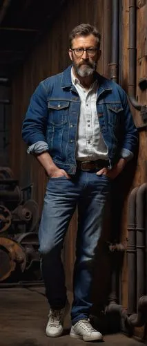 Cod David Mason, mature male, rugged beard, short brown hair, glasses, casual wear, blue denim jacket, white shirt, dark jeans, sneakers, standing, leaning against a wooden wall, in a dimly lit indust