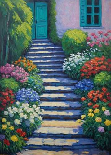 giverny,cottage garden,garden door,the threshold of the house,flower garden,flower painting,patio,home landscape,oil painting on canvas,gardens,pathway,towards the garden,oil painting,corner flowers,gordon's steps,hydrangeas,oil on canvas,splendor of flowers,green garden,outside staircase,Photography,Fashion Photography,Fashion Photography 18