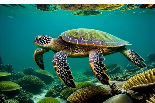 Turtles, underwater scene, slow movement, green seaweed, coral reef, shiny shell, bright eyes, flippers, ocean floor, 3/4 composition, soft focus, warm lighting, cinematic colors.,sea turtle,green tur