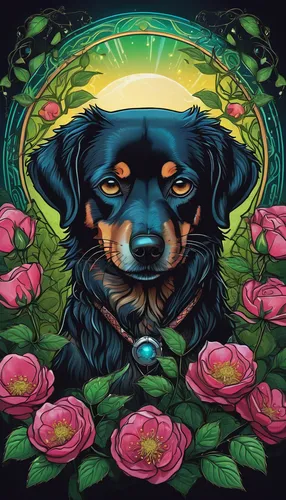 canine rose,rottweiler,dog illustration,dog-roses,dog angel,pup,dog roses,bohemian shepherd,beauceron,bandana background,pet portrait,tapestry,flower animal,rosa ' amber cover,kelpie,king charles spaniel,dog poison plant,digital illustration,chihuahua,bernese mountain dog,Illustration,Realistic Fantasy,Realistic Fantasy 45