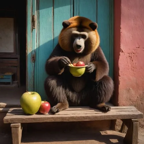 woman eating apple,eating apple,giant panda,disneynature,fruit bowl,breakfast outside,lunchtime,cute bear,mealtime,teatime,basket of apples,basket with apples,large panda bear,coffee break,garden breakfast,afternoon snack,apple juice,bear kamchatka,oleg,baoquan,Art,Artistic Painting,Artistic Painting 02