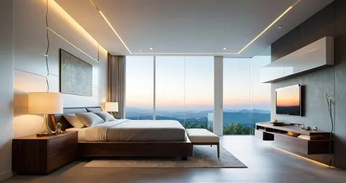 As the sun begins to set, a sleek, modern bedroom comes to life. The bed is a sophisticated and modern, with a polished wood canopy contrasting beautifully against the soft gray and off-white bed. The