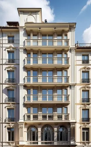 classice apartment design, stone facade terraces, travertine stone, reflective faced design, copy refrence image, symmetry,coverd terraces with columns,lines and lines on the facade, copy refrence ima