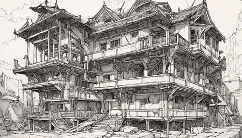 hashima,wooden houses,ruin,apartment house,tenement,witch's house,dilapidated building,house drawing,old home,dilapidated,crooked house,destroyed city,haunted house,hanging houses,the haunted house,slums,half-timbered houses,rubble,old houses,abandoned place,Conceptual Art,Fantasy,Fantasy 08