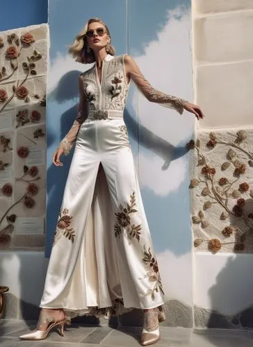 Fashion show ,a woman posing in white clothing standing next to a mural,loboda,whigfield,hadise,partition,beyonc,flamenco,Photography,General,Realistic