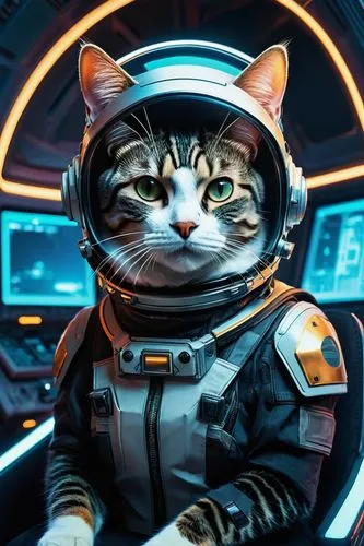 Shorthair cat wearing a space helmet sitting at command chair with the lights of the consoles behind her, in the style of sci-fi environments, glo-fi, aesthetic, comic, beeple, space background,cat we