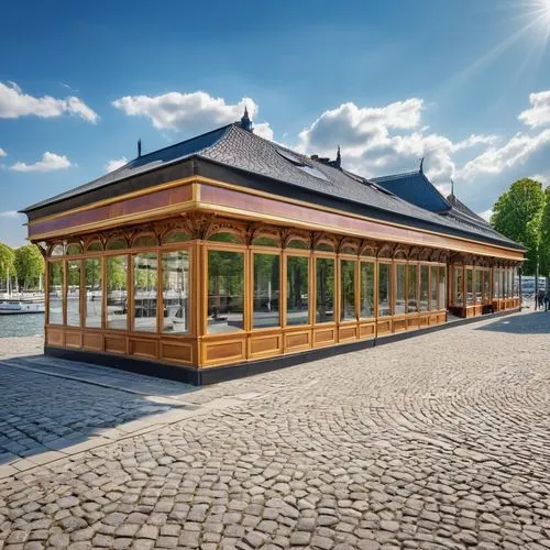 a cultural paviliont on the waterfront of museum island with booths of shops on both sides varying between cultural and souveneer shops,golden pavilion,the golden pavilion,meiji jingu,nara prefecture,