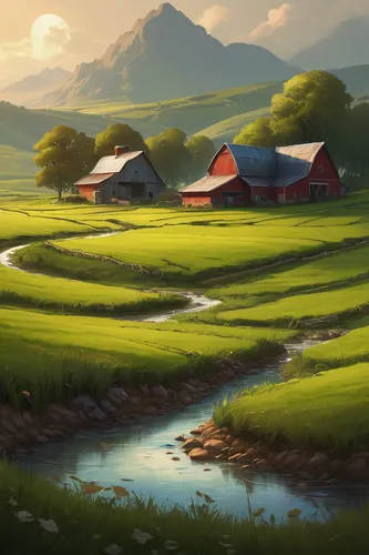 farm landscape,rural landscape,salt meadow landscape,farm background,ricefield,countryside,meadow landscape,farms,yamada's rice fields,rice fields,farmstead,landscape background,red barn,farmlands,farm,farmland,farm set,japan landscape,home landscape,fields,Conceptual Art,Fantasy,Fantasy 17