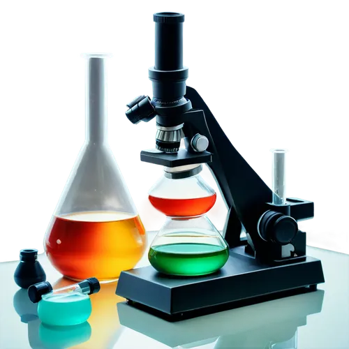 Microscope, laboratory equipment, science tools, various beakers, test tubes, Petri dish, colorful liquids, steam rising, subtle lighting, shallow depth of field, warm color tone, cinematic compositio