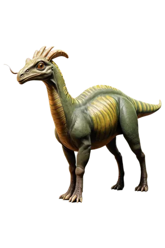 Parasaurolophus dinosaur, greenish-brown skin, long crest on head, curved beak, big eyes, nostrils flaring, muscular legs, sharp claws, bulky body, scaly texture, prehistoric atmosphere, warm lighting