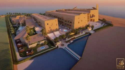 Create a highly realistic bird's eye view rendering of a luxurious resort in Siwa Oasis. Highlight the main entrance, lush landscaping, traditional architecture. Use soft lighting and include realisti