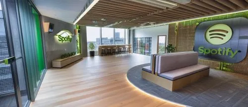 Spotify office space should be created to reflect Spotify’s green logo,spotify logo,shopify,spotify icon,spotify,company headquarters,lobby,modern office,parsely,offices,security concept,archidaily,co