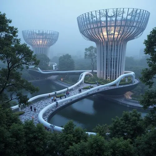 futuristic landscape,futuristic architecture,futuristic art museum,arcology,sky space concept,biospheres,hangzhou,solar cell base,ecotopia,ringworld,chengdu,gardens by the bay,artificial islands,garden by the bay,shenzhen,changzhou,zhangzhou,3d rendering,fantasy city,europan