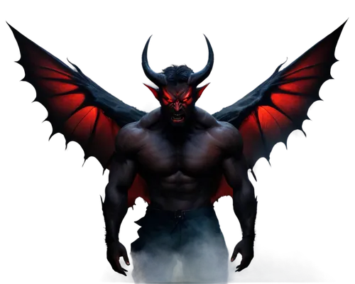 Devil, male, red skin, horns, pointed ears, sharp teeth, black wings, muscular build, red eyes with vertical pupils, smoky mist, dark background, low-key lighting, dynamic pose, dramatic composition, 