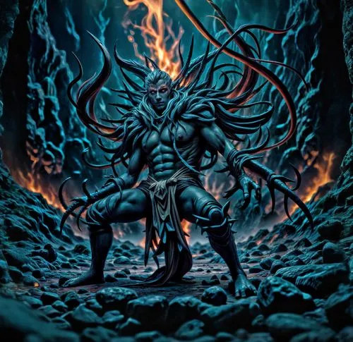 Extender y completar la imagen,minotaur,poseidon,death god,dark-type,fire devil,greyskull,devil,shiva,nine-tailed,trioceros,krampus,metal figure,destroy,3d figure,fire background,skordalia,daemon,veno