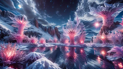 ice planet,ice landscape,fractal environment,crystalline,ice crystal,ice castle,virtual landscape,ice crystals,winter forest,fairy world,fractal lights,3d fantasy,fairy forest,snow trees,ice cave,futuristic landscape,fractalius,infinite snow,fantasy landscape,winter lake