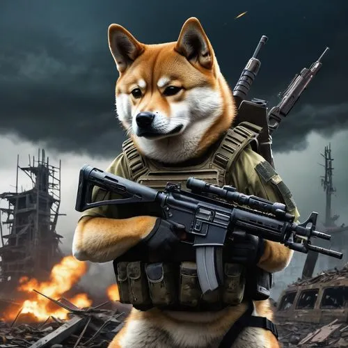 ((best quality)), ((masterpiece)), (detailed), (realistic), armed Shiba Inu, carrying heavy weapon, war-torn landscape, dark sky, destroyed structures, military dog, focused expression, detailed gear,