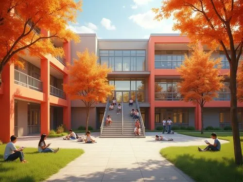 Persimmon colored modern school building, vibrant orange-pink walls, large glass windows, sleek metal frames, open courtyard with persimmon trees, lush green grass, students sitting on stairs, reading