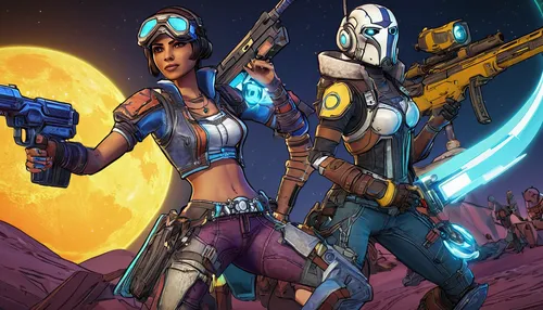 character, Borderlands: The Pre-Sequel, Athena the Gladiator, action pose, shield, sword, aggressive stance, Nisha the Lawbringer, dual pistols, cowboy hat, sharpshooter, Wilhelm the Enforcer, cyberne