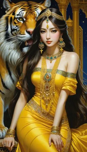 night, beautiful long hair, with jewelry, yellow dress of an Arabian princess, a huge tiger nearby, an Arabian palace,a woman in a yellow dress and tiger on the other side,sundari,kshetra,arundhati,du