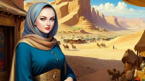 Romantic masterpiece oil painting, beautiful curvy busty woman portrait, curvy MILF, tight abaya dress, nostalgic 1950's style kitsch, breathtaking beautiful epic vast landscape, Sahara majestic scene