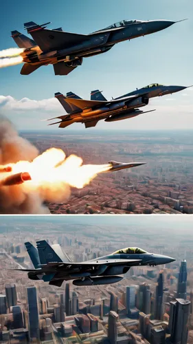 vertical scrolling collage of different fighter jets firing missiles, remain in view visiblity all the time,air combat,afterburner,formation flight,f-16,boeing f/a-18e/f super hornet,f-15,jet and free