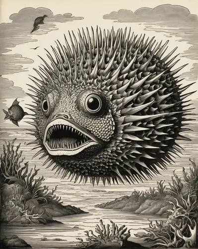 porcupine fishes,puffer fish,blowfish,deep sea fish,napoleon fish,green pufferfish,hedgehog,sea-urchin,holacanthus,urchin,striped burrfish,sea animal,philomachus pugnax,flounder,porcupine,rhino fish,amur hedgehog,anas platyrhynchos,echidna,forest fish,Illustration,Retro,Retro 24