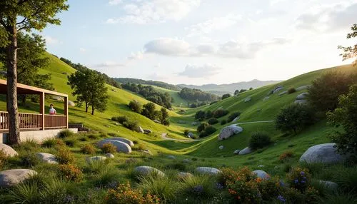 hobbiton,home landscape,shire,hillside,green meadow,alpine landscape,meadow landscape,green valley,house in the mountains,alpine pastures,house in mountains,countryside,landscape background,rolling hills,render,alpine village,salt meadow landscape,green landscape,grassfields,beleriand