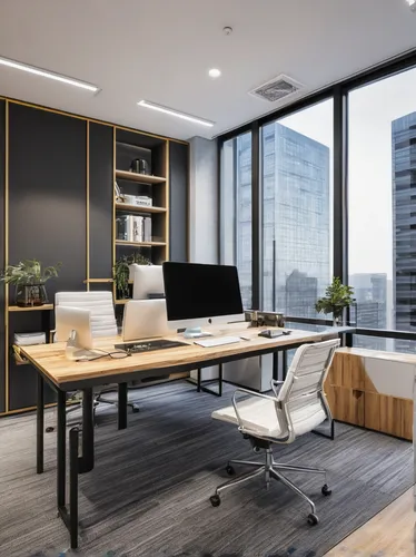 Describe a modern serviced office with high-tech facilities.,modern office,blur office background,office desk,furnished office,working space,offices,secretary desk,conference room table,office chair,d