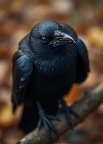 Macro Photography of a mysterious and handsome raven, perched on a branch with an enigmatic expression. Its eyes are a deep, intelligent black, with a hint of curiosity. Its feathers are black and sil