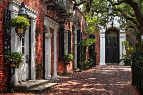 Historic Charleston-style architecture firm, ornate iron gates, red brick building, white columns, wooden shutters, gas lanterns, flower-filled window boxes, charming courtyard, cobblestone pavement, 