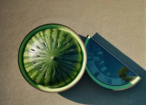 Create a realistic image of a modern, large building shaped like a watermelon. The building should have a curved, dome-like structure with a green exterior mimicking the watermelon rind, and the inter