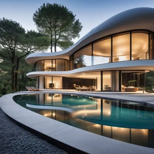 edificio  di due piani immerso nella natura,  piscina esterna, vetrate grandi, , moderno, sdraio esterne, fiori nel prato,futuristic architecture,modern architecture,modern house,luxury property,dream