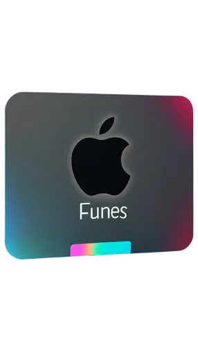 iTunes gift card, rectangular shape, white background, Apple logo, colorful icons, rounded corners, glossy finish, 3D effect, soft lighting, shallow depth of field, central composition, slight shadow,