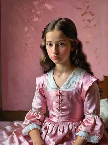 little girl in pink dress,girl with cloth,portrait of a girl,young girl,timoshenko,girl in cloth,girl sitting,guccione,winterhalter,pittura,sargent,painter doll,girl portrait,perugini,ilyin,oil painting,girl with bread-and-butter,kisling,mystical portrait of a girl,dmitriyeva,Art,Classical Oil Painting,Classical Oil Painting 07