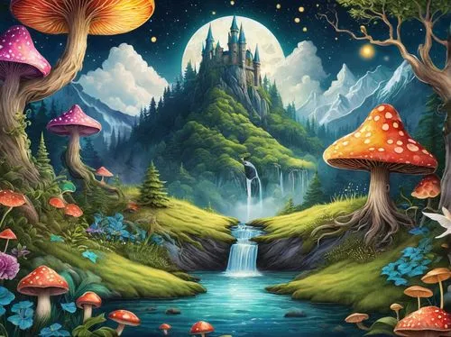 mushroom landscape,fairy world,fairy forest,fairy village,fairytale forest,fantasy landscape,mushroom island,fantasy picture,enchanted forest,fairy house,fairy chimney,wonderland,elven forest,fantasy world,3d fantasy,children's background,fantasy art,forest background,forest mushroom,fairy tale,Conceptual Art,Daily,Daily 05