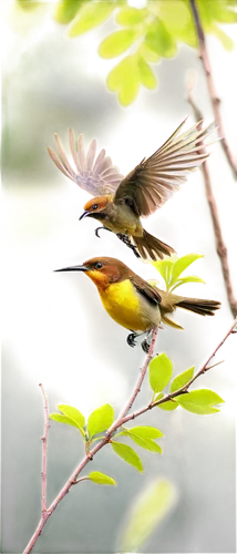 Small bird, perched on branch, green leaves background, bright yellow beak, brown feathers, wings spread wide, singing with open beak, morning sunlight, soft focus, shallow depth of field, warm color 