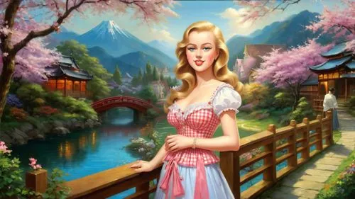 landscape background,japanese sakura background,fantasy picture,springtime background,fairy tale character,spring background,dorthy,fairyland,cartoon video game background,heidi country,world digital painting,fantasy girl,tuatha,guqin,3d fantasy,oriental painting,background image,glinda,3d background,cheongsam