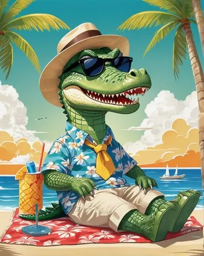 Anthropomorphic crocodile, green scaly skin, sharp teeth, yellow eyes, wearing sunglasses, Hawaiian shirt, khaki shorts, sneakers, sitting on a beach towel, relaxing near a palm tree, tropical island,