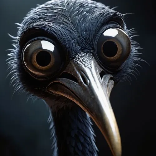 a close up of a bird with a creepy look on it's face, concept art, by maxim verehin, zbrush central contest winner, the'other mother'from'coraline ', long neck, his nose is a black beak, samorost, wet