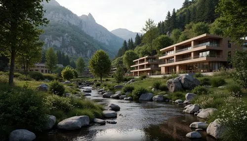 alpine village,aprica,render,house in the mountains,oberland,3d rendering,albula,house in mountains,mountain settlement,alpine landscape,courchevel,anterselva,arosa,building valley,streamside,gstaad,rendalen,kandern,mountain valley,andermatt