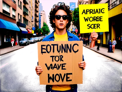 Ridiculous protest signs, colorful cardboard, sloppy handwritten font, bold black markers, bright yellow background, torn edges, worn-out handles, held by a young adult, casual clothing, messy hair, s