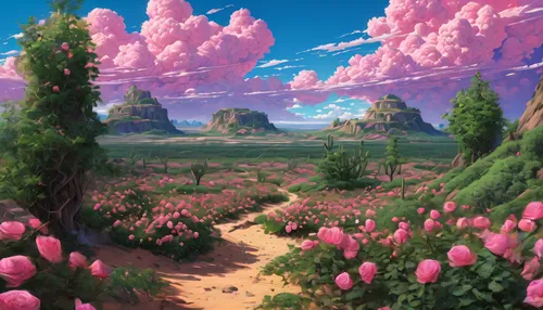 flowerful desert,blooming field,cosmos field,mushroom landscape,landscape rose,flower field,fantasy landscape,cartoon video game background,pink grass,landscape background,purple landscape,japanese sakura background,field of flowers,sakura background,tulip field,fairy forest,fairy world,bougainvilleans,clover meadow,flowers field,Illustration,Japanese style,Japanese Style 05